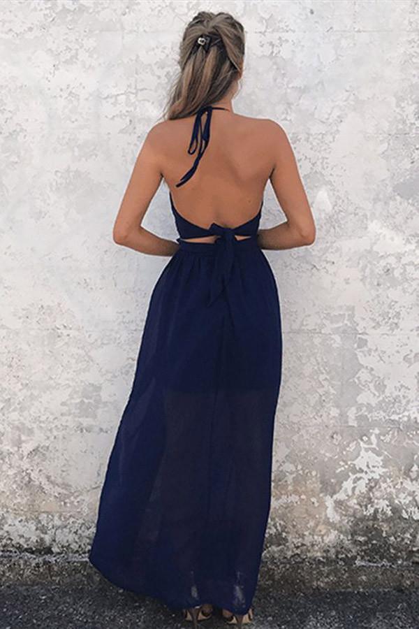 Vestido de fiesta de gasa azul marino con escote halter, corte A, largo hasta el suelo y espalda descubierta